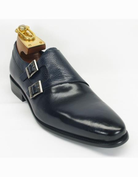Men's Navy Leather Fashionable Carrucci Shoes Double Buckle Style