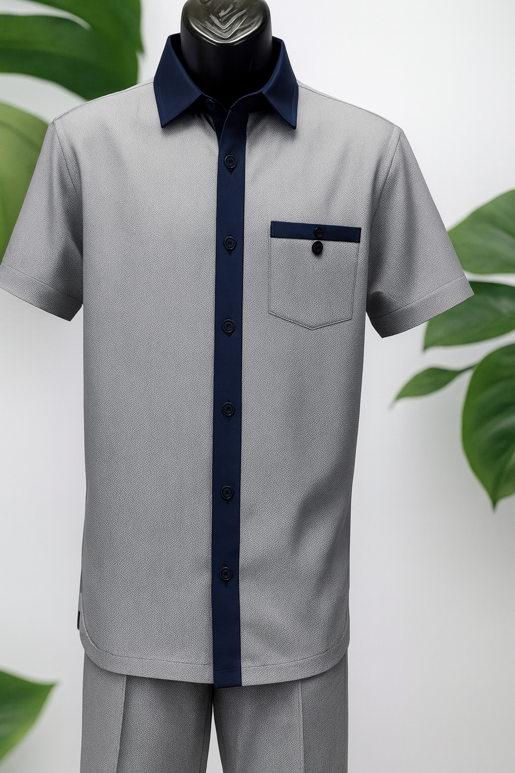 Navy Houndstooth Short Sleeve Walking Suit