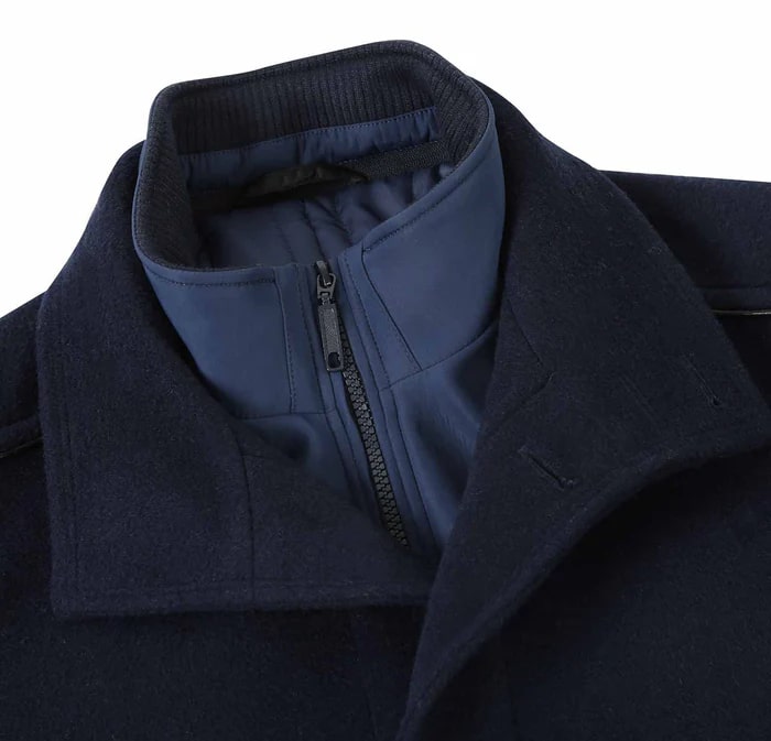 Navy Wool Blend Slim Short Coat with Zipper