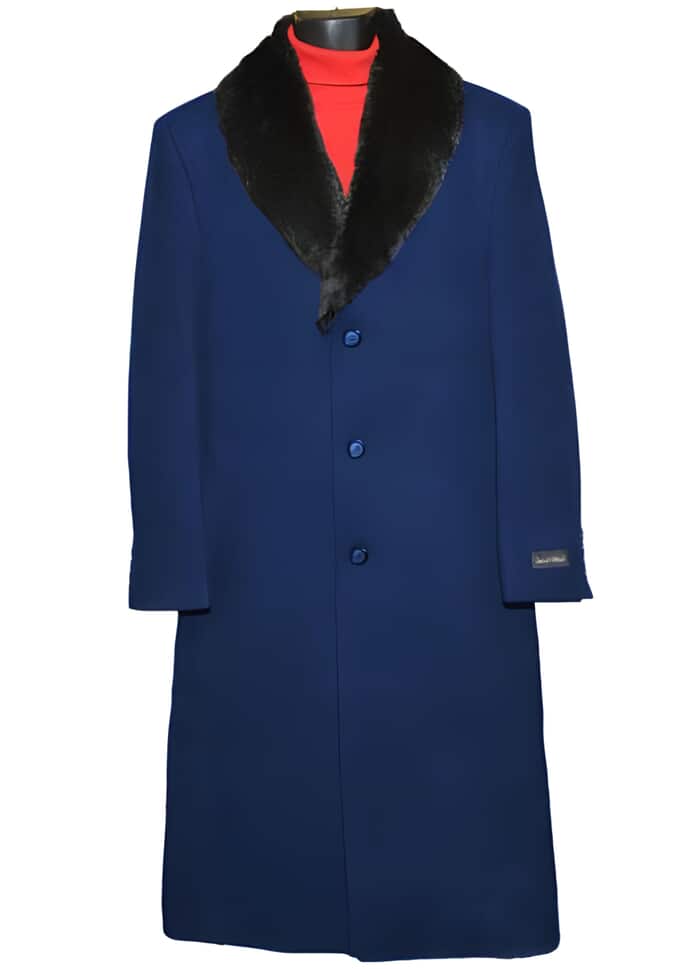 Men's Navy Wool Dress Coat with Removable Fur Collar