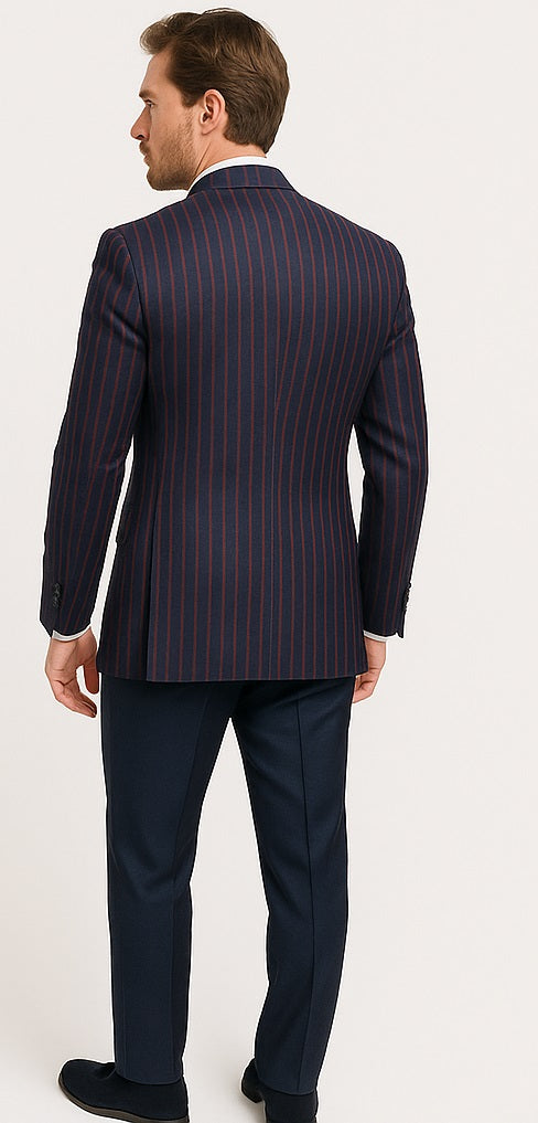 Navy Blue and Red Pinstripe Double Breasted Suit - Double Breasted Blazer