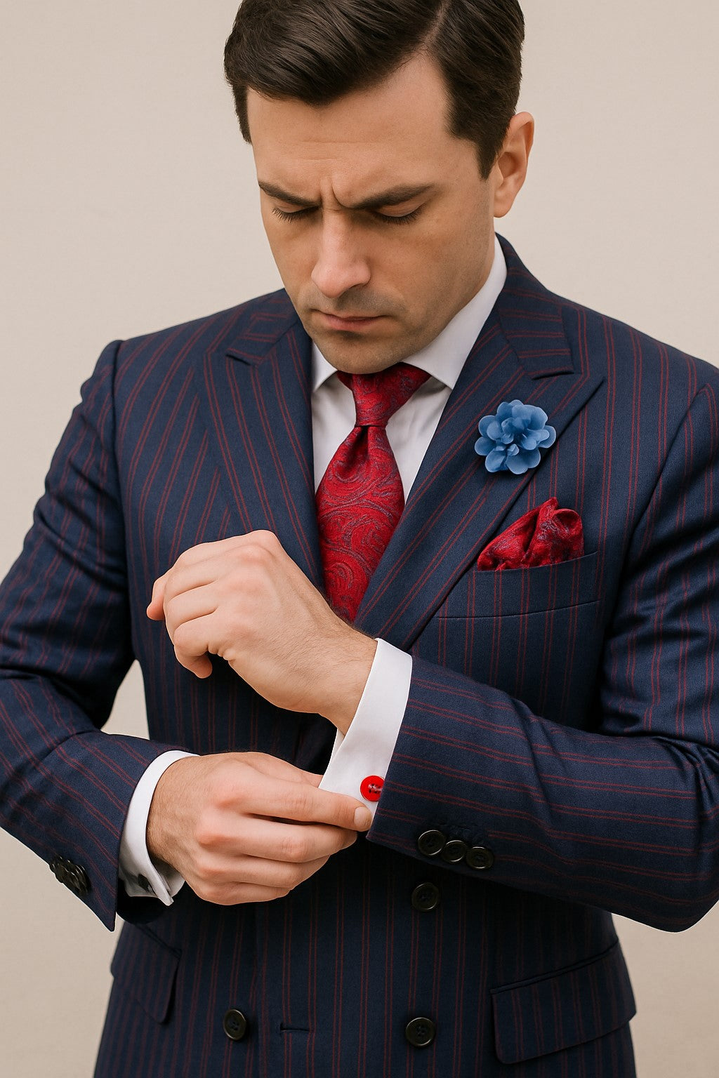 Navy Blue and Red Pinstripe Double Breasted Suit - Double Breasted Blazer