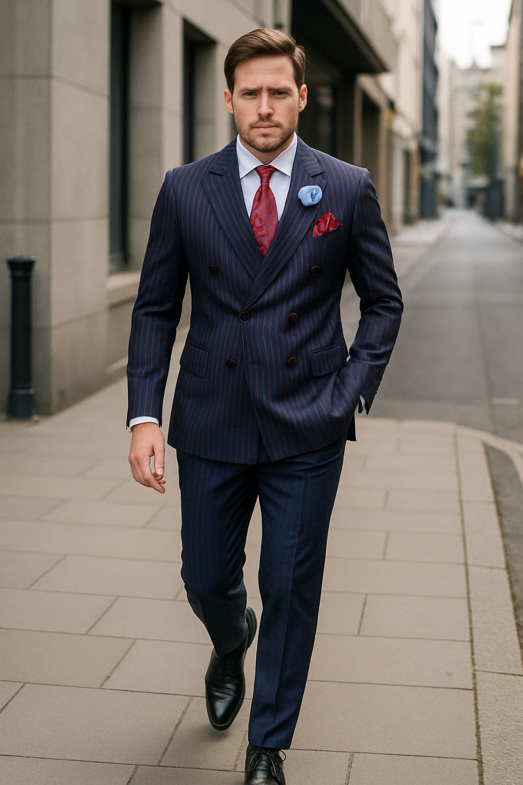 Navy Blue and Red Pinstripe Double Breasted Suit - Double Breasted Blazer