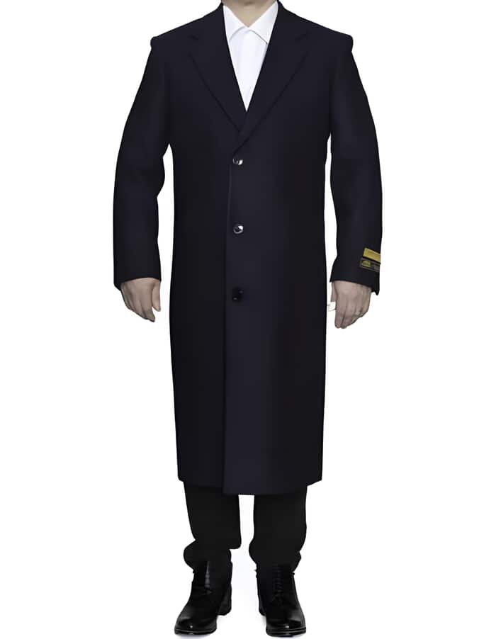 Navy Blue Wool 3 Button Ankle-Length Overcoat