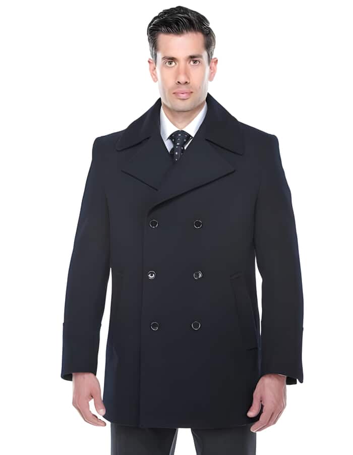 Double Breasted Navy Wool Long Dress Overcoat