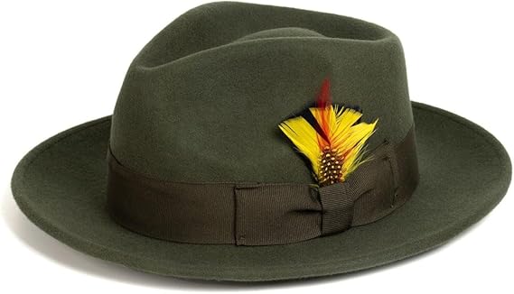 Gangster 100% Australian Wool Crushable Mens Fedora Hat - Removable Feather Gangster Olive Green Mens Fedora Hat