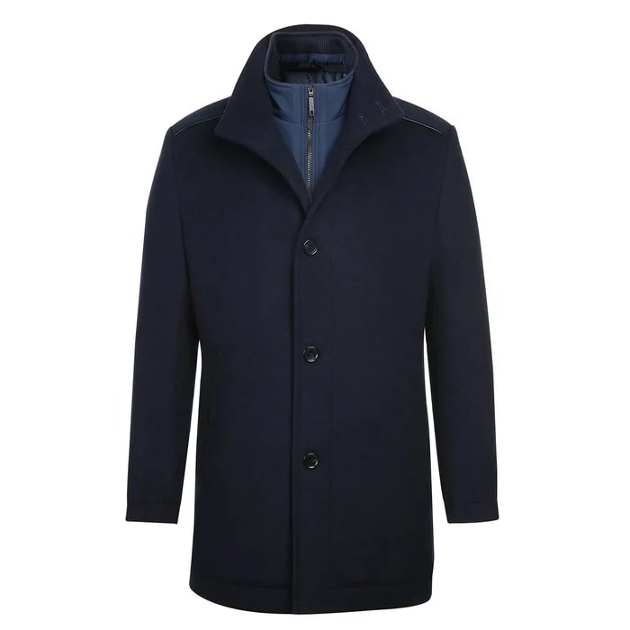 Navy Wool Blend Slim Short Coat with Zipper