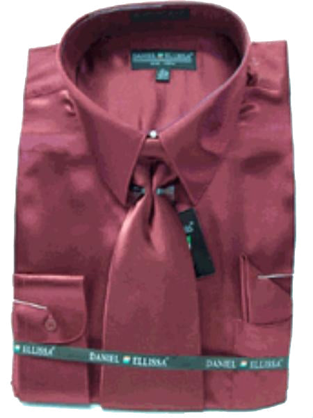 New Wine/Burgundy ~ Maroon ~ Wine Color Satin Dress Shirt Tie Combo Shirts mensusa