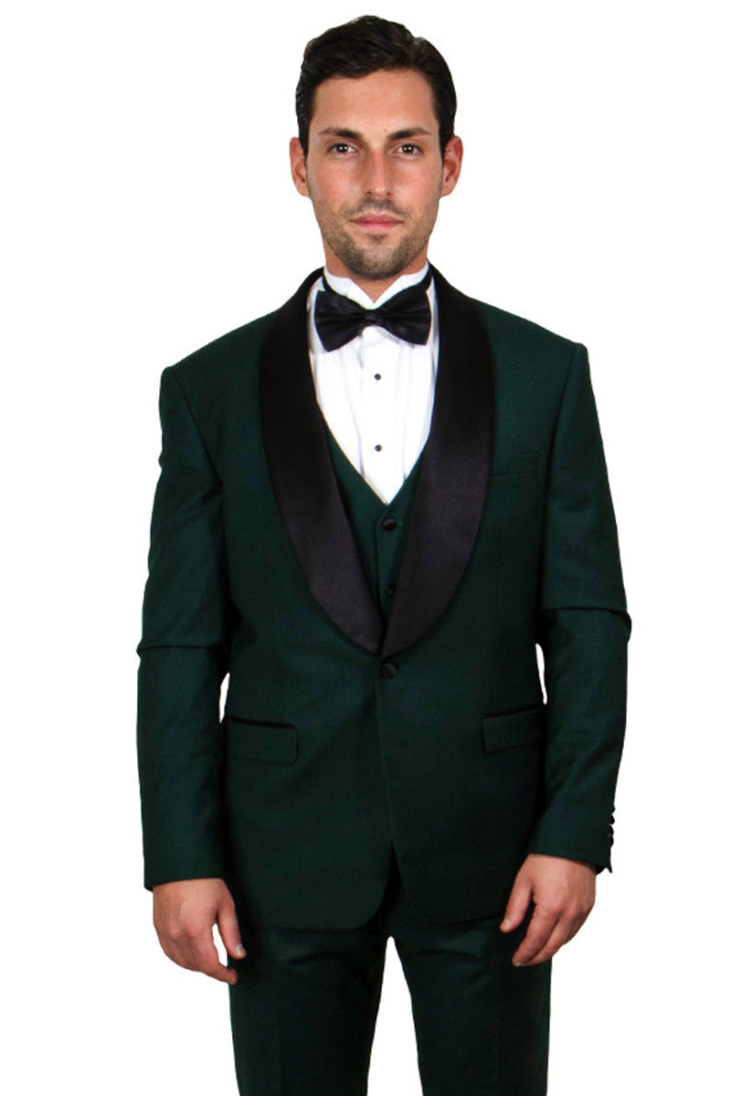 Green Slim Fit Tuxedo with Large Black Shawl Lapel – 3 Piece Wedding & Prom Set