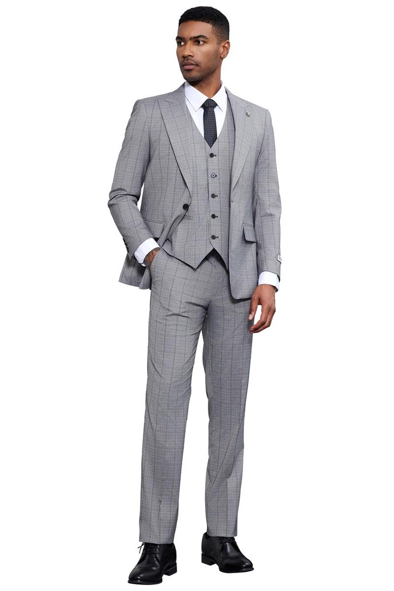 Stacy Adams Light Grey Windowpane Plaid Suit
