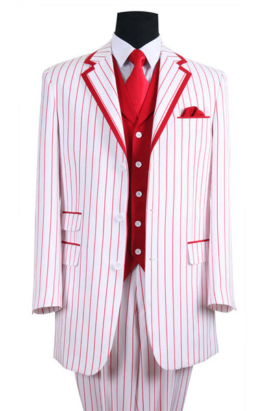 Mens Vested Contrast Stripe Fashion Suit in White/Red