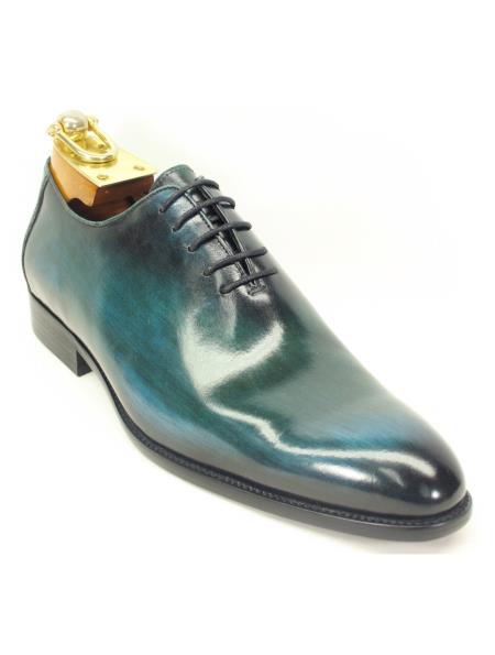 Mens Green Dress Shoes Carrucci Mens Lace Up Genuine Calfskin Leather Olive Oxford Shoes - Teal Dress Shoe - Antique blue Shoe