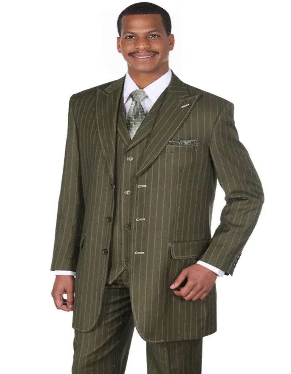 Bold Olive Pinstripe Vested Gangster Suit