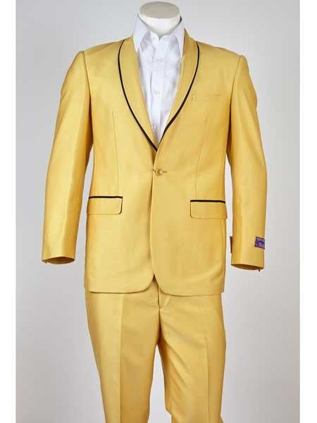 Men's One Button Black Trim Shawl Lapel Gold Slim Fit Suit