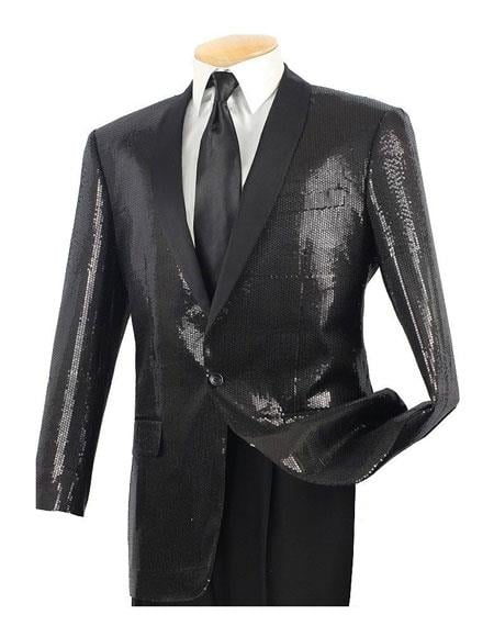 Men's Sequin 1 Button Black Side Vents Classic Fit Dinner Jacket