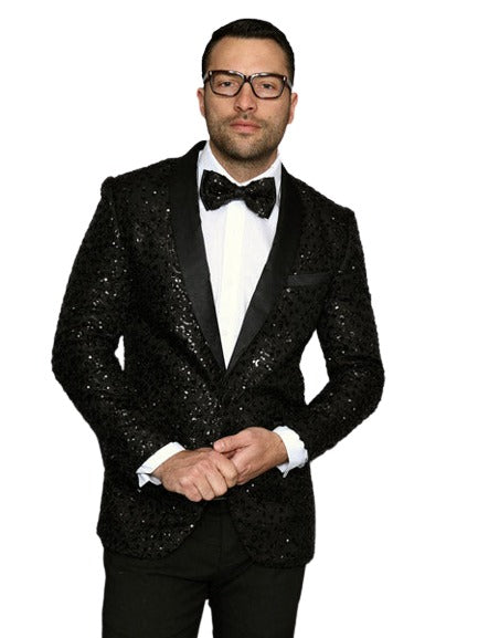 Men's Sharkskin Flashy Stage Shiny Sequin Paisley Blazer Dinner Jacket 1 Button Black Sport Coat Jacket
