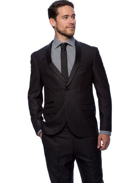 West End Men's 1 Button Young Look Slim Fit Black Satin Shawl Collar Solid