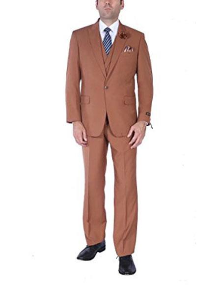 Men's Stylish 1 button suits vest peak lapel Brown suits pleated pants