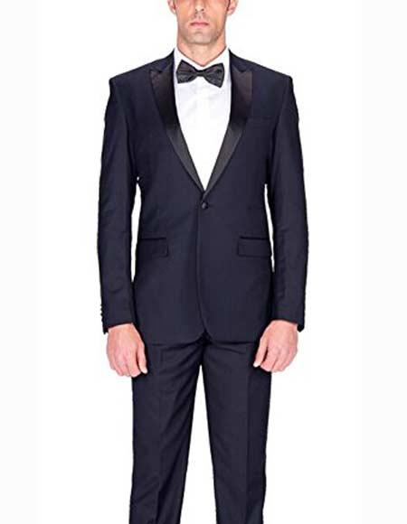 Authentic Braveman Men's Dark Navy Blue Suit For Men 1 Button Tuxedo Slim Fit Suit With Satin Peak Lapels