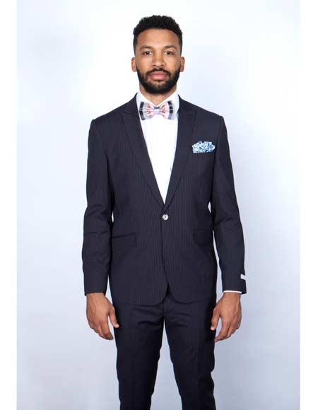 Men's Navy Blue Pinstripe Pattern 1 Button Suit main image 0
