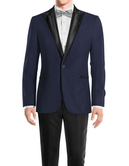 Men's One Button Peak Black Lapel Wool Navy tuxedo
