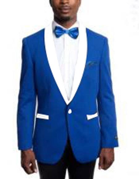 Men's 1 Button Slim Fit Royal Blue and White Lapel Tuxedo Dress Suits for Men