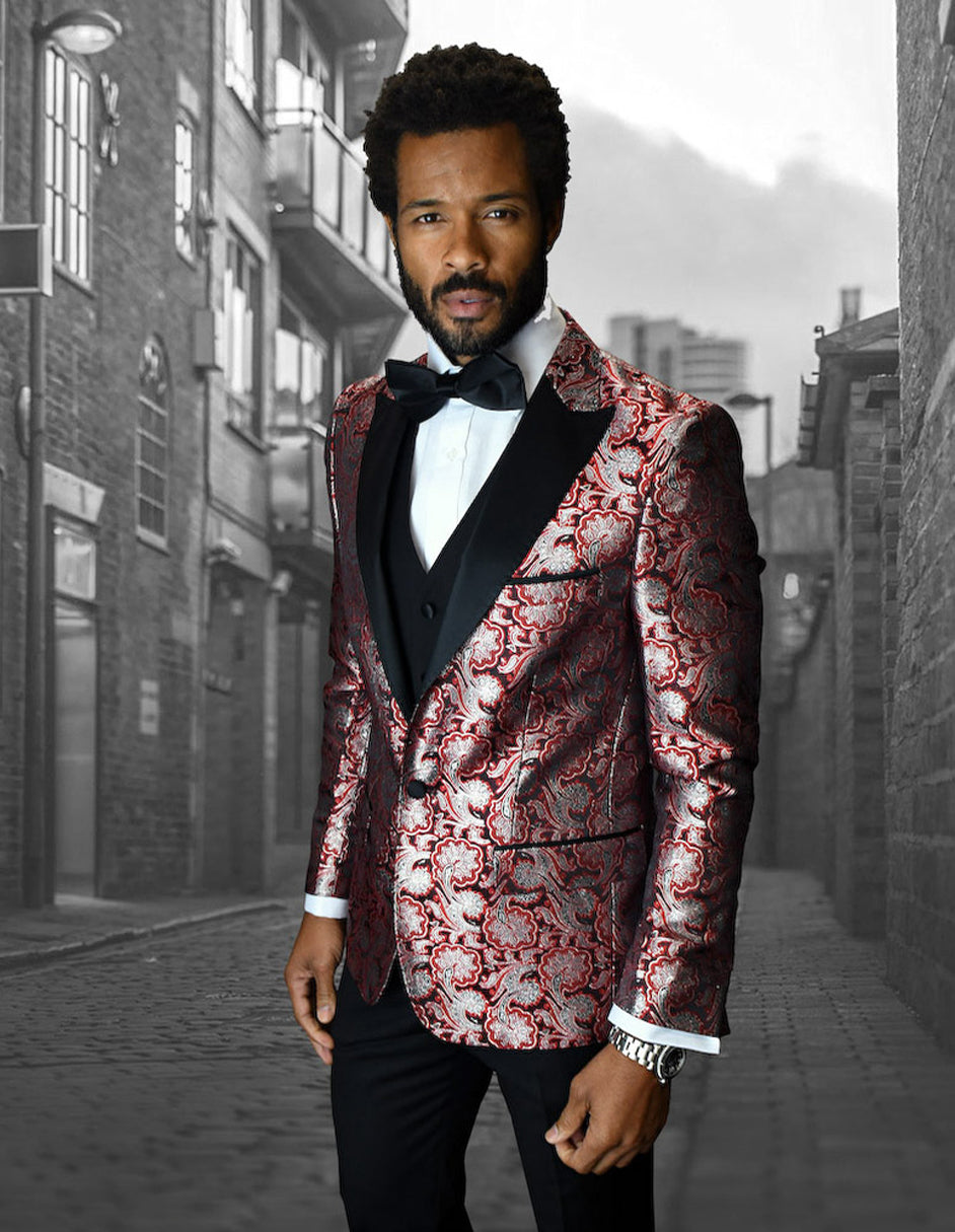 Red Floral Peak Lapel Vested Tuxedo