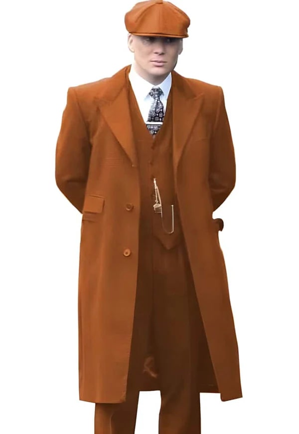 Orange Wool Overcoat with Peak Lapel & Fur Collar