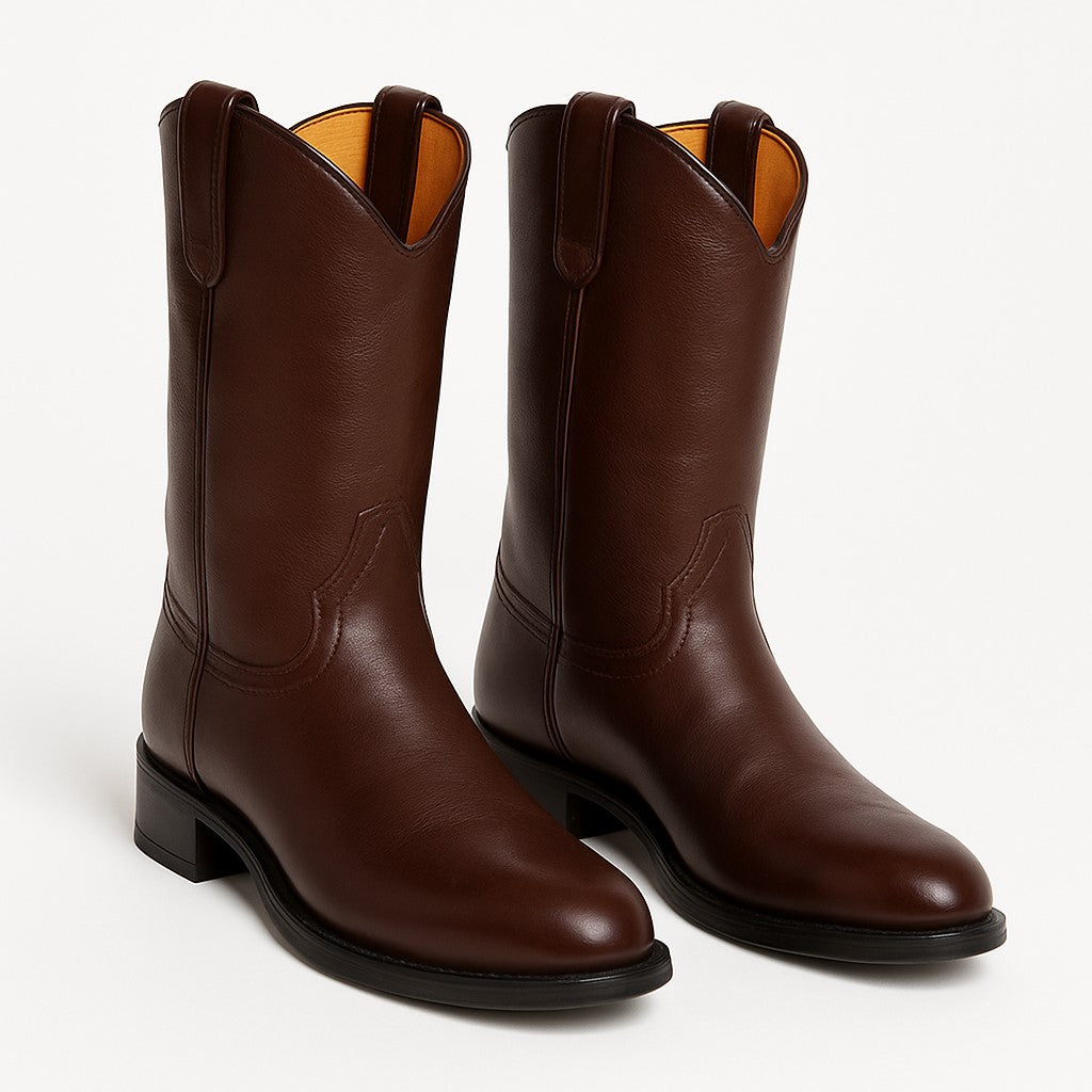 Men's Original Michel Genuine Deer Leather Brown Pull On Roper With Leather Sole Dress Cowboy Boot Cheap Priced For Sale Online