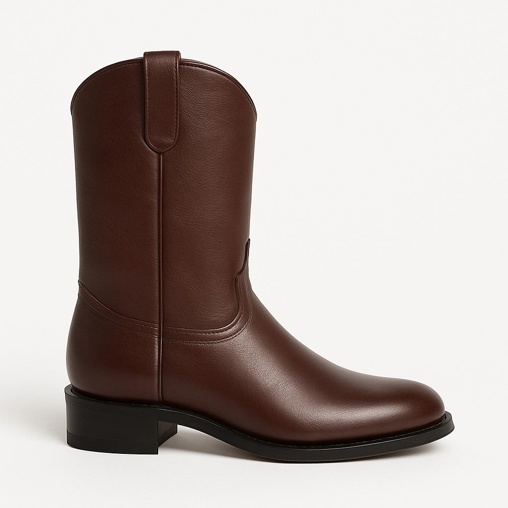 Men's Original Michel Genuine Deer Leather Brown Pull On Roper With Leather Sole Dress Cowboy Boot Cheap Priced For Sale Online