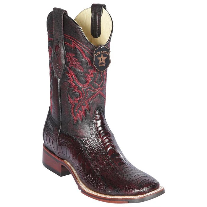 Ostrich Leg Square Toe Cowboy Boot in Black Cherry