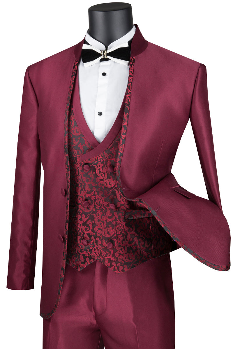 Mandarin Collar Burgundy Tuxedo with Vest