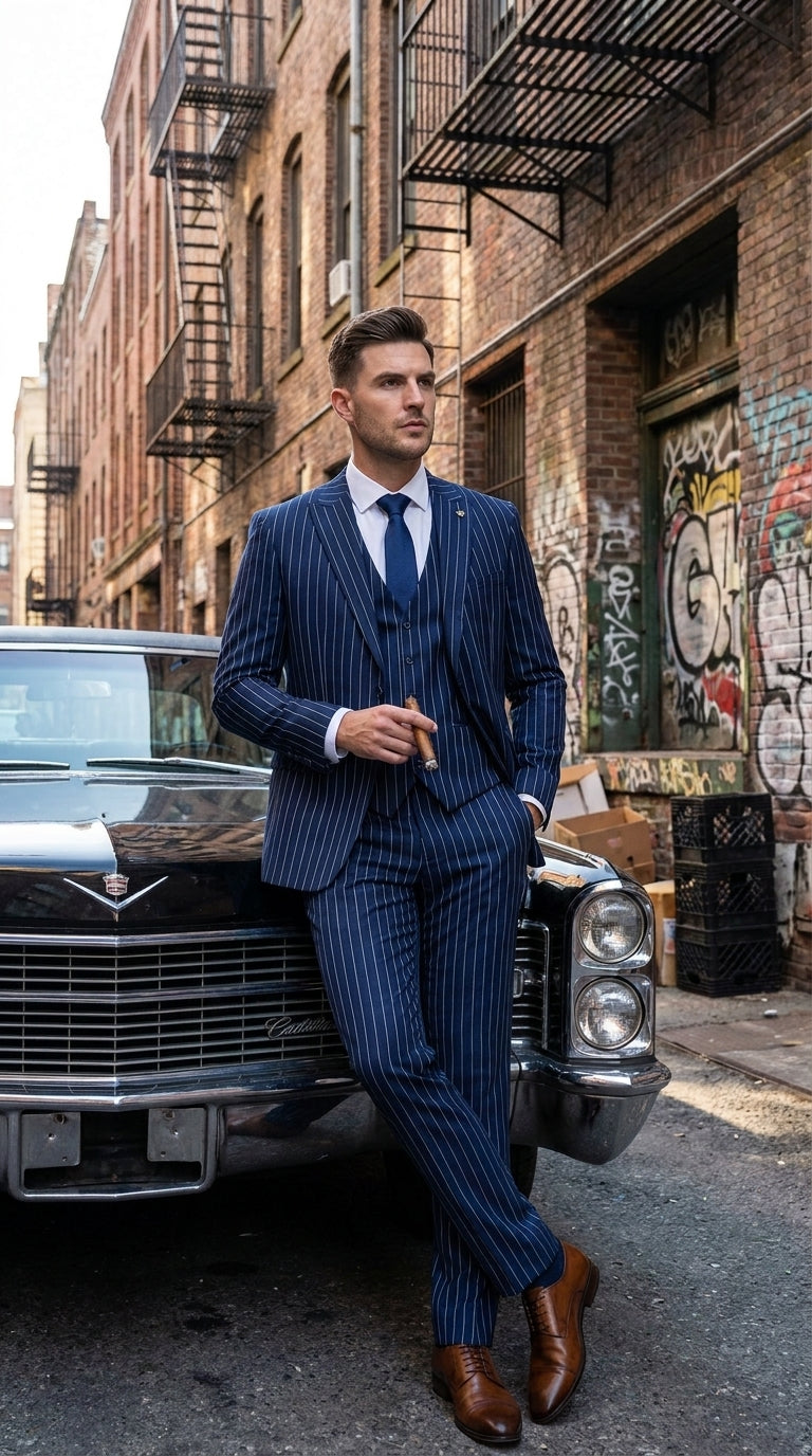 Men’s Navy Pinstripe 3 Piece Gangster Suit, Vintage 1920s Formal Dress Suit with Vest