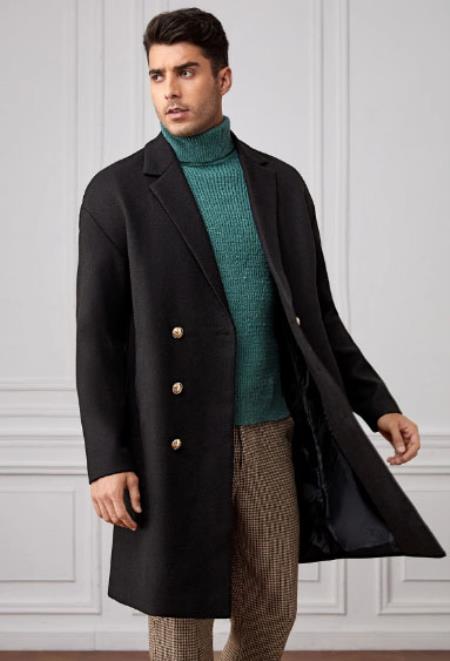 Men's Black Tweed Double Breasted Overcoat