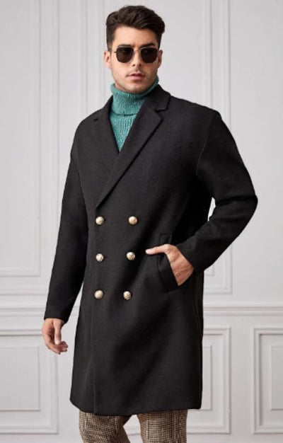 Men's Black Tweed Double Breasted Overcoat