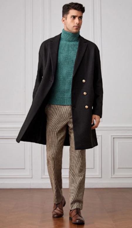 Men's Black Tweed Double Breasted Overcoat