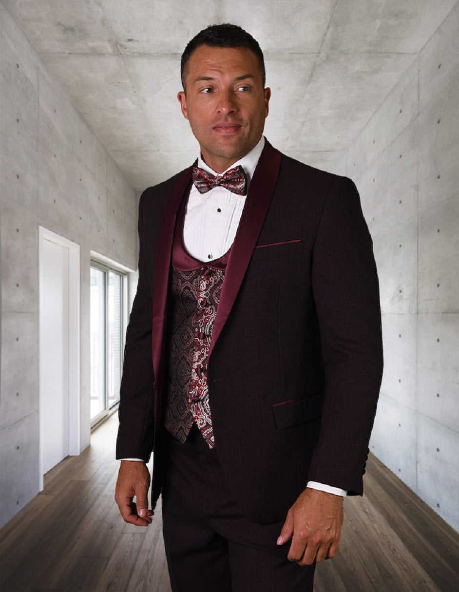 Burgundy One Button Shawl Tuxedo with Paisley Vest