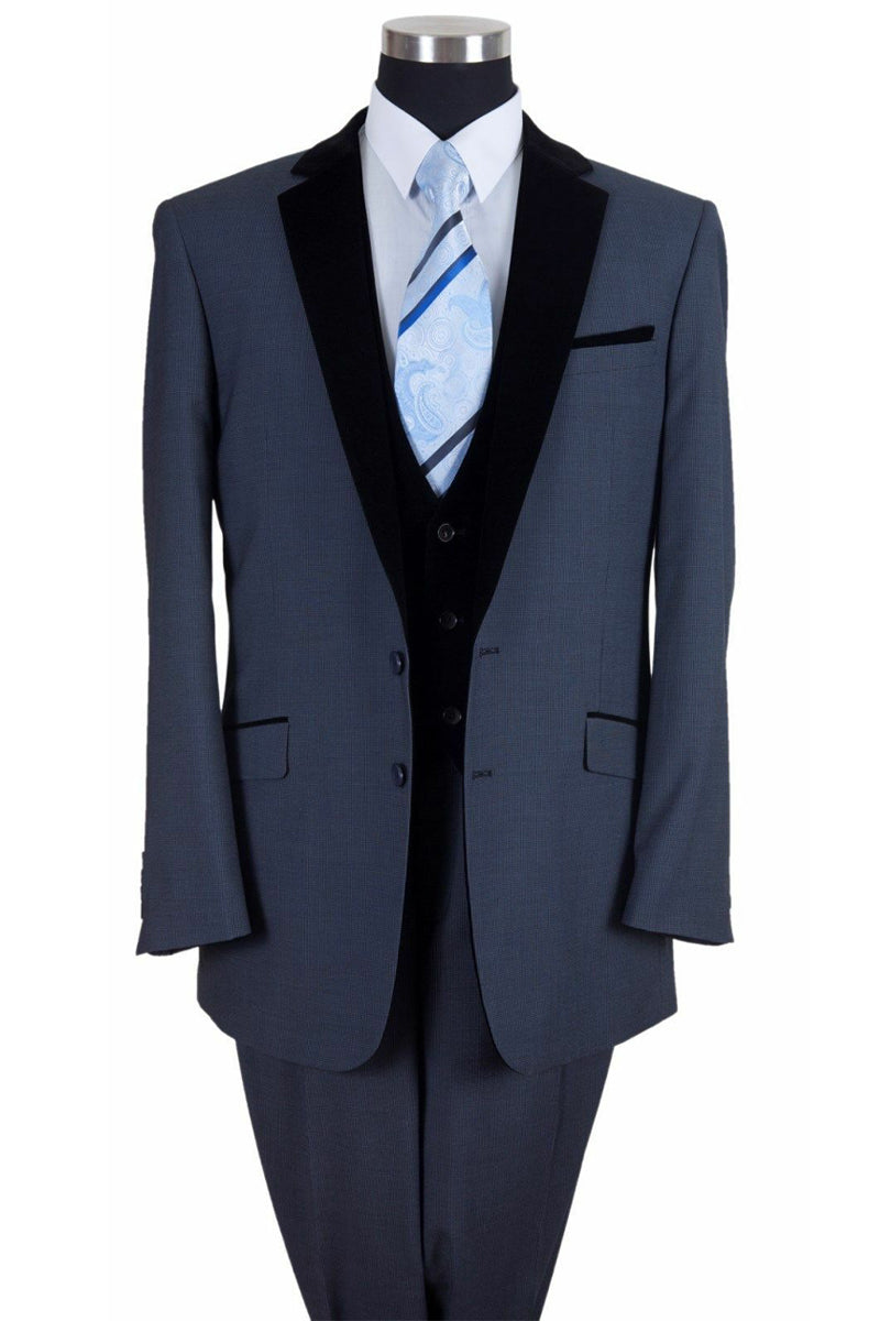 Navy Vested Suit with Velvet Collar for Men