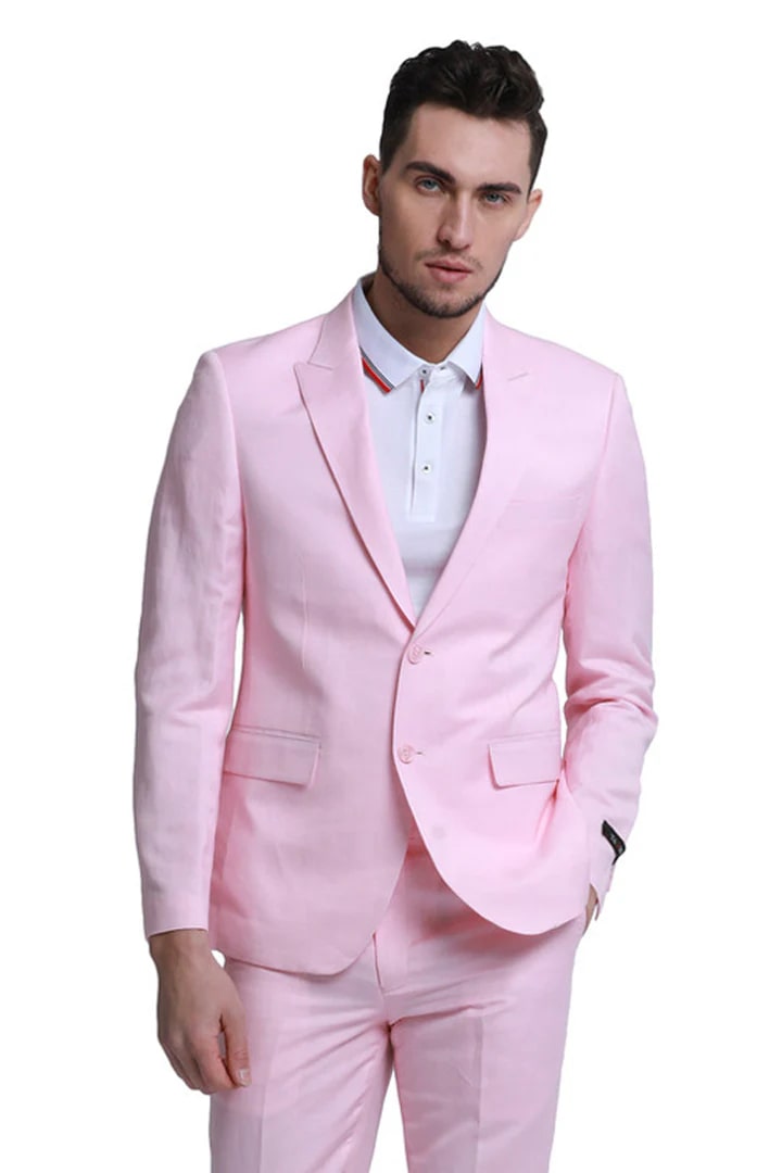Men's Peak Lapel Linen Style Pink Suit