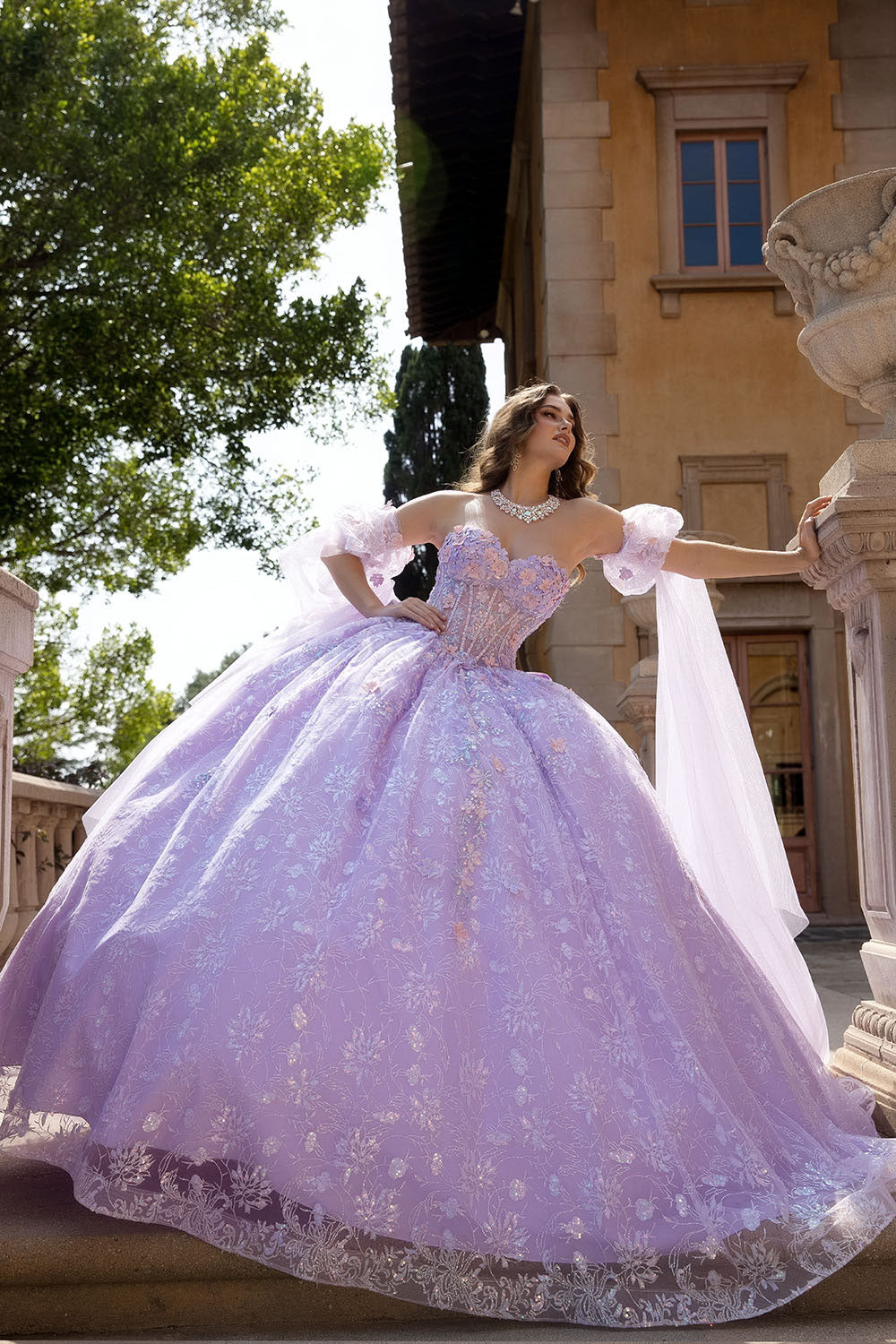 3D Floral Cape Sleeve Ball Gown by Bella Princess PQ1084