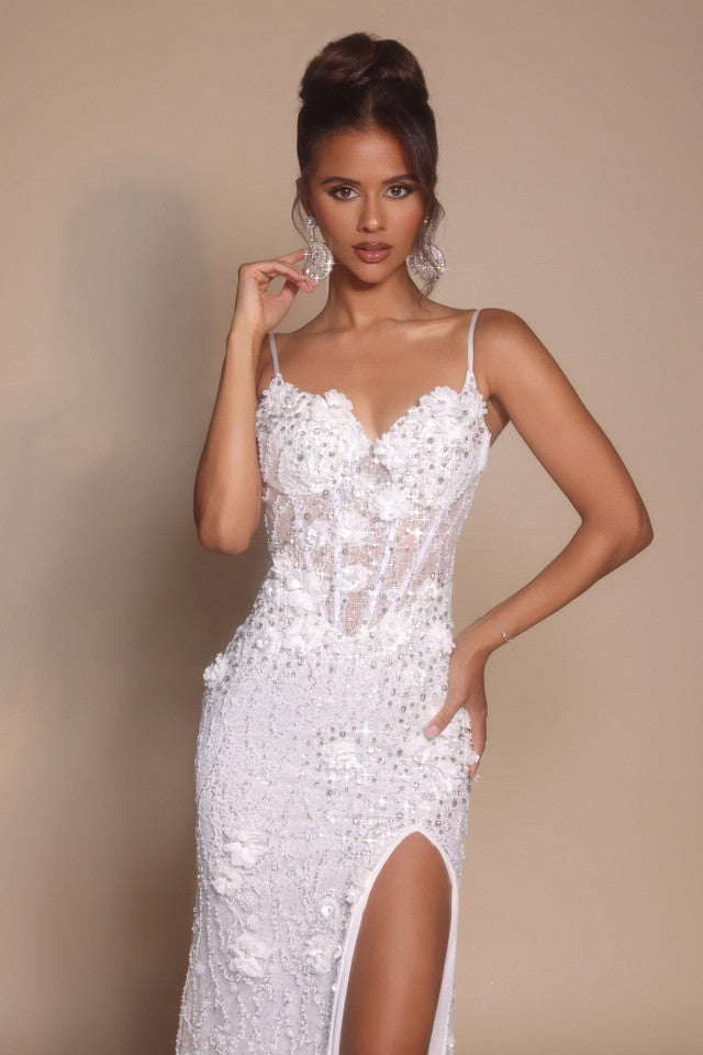 Floral Beaded Corset Evening Gown with Slit Spaghetti Strap Prom Dress by Portia & Scarlett PS25294