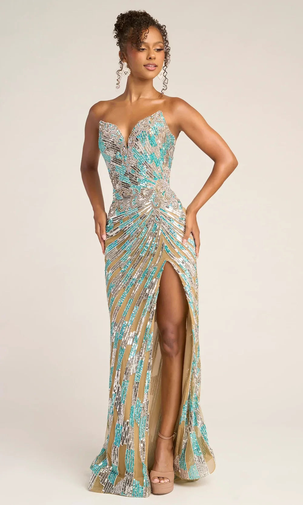 Strapless Sequin Sheath Gown with Sweetheart Neckline & High Slit by Portia and Scarlett PS26413C