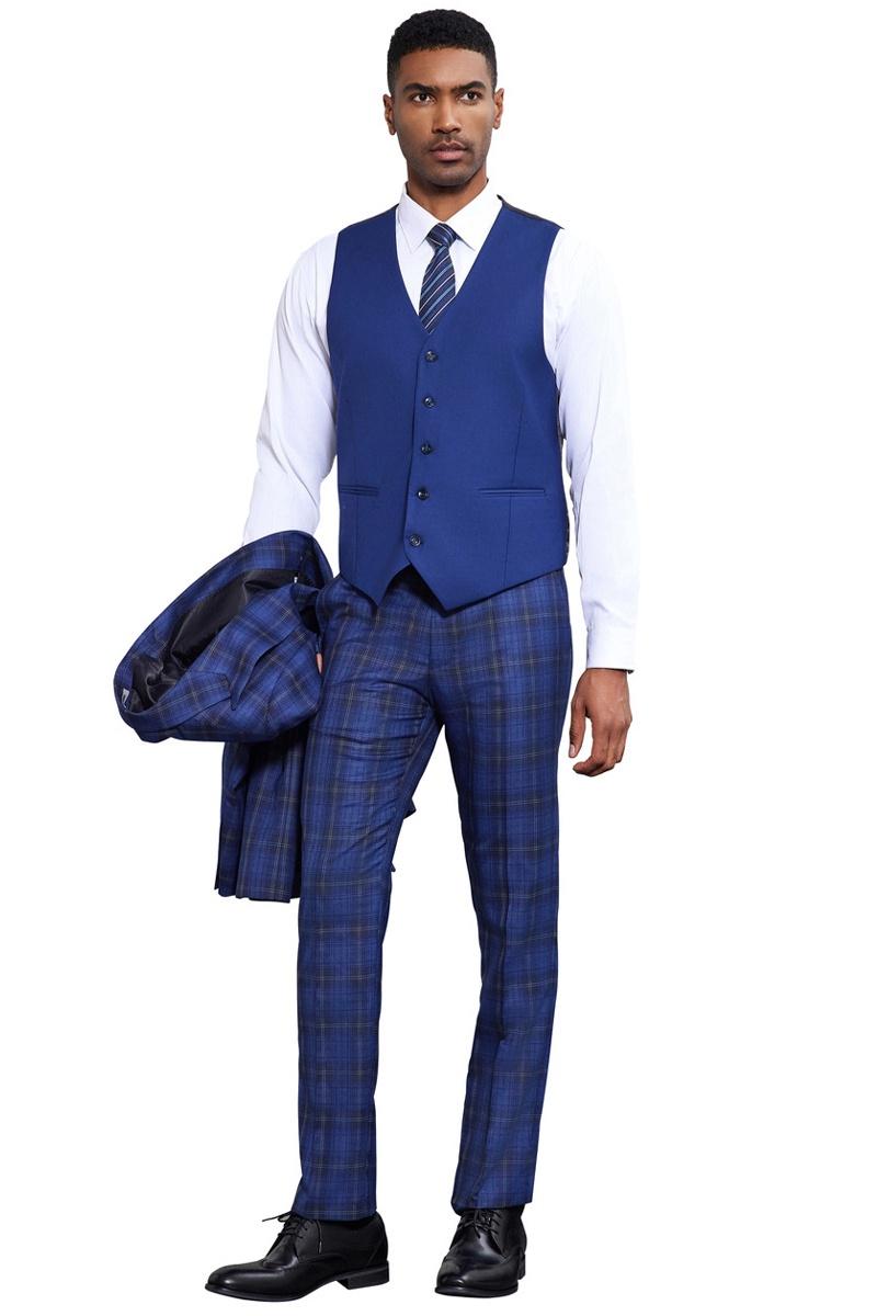 Stacy Adams Windowpane Plaid Vested Suit, Midnight Blue