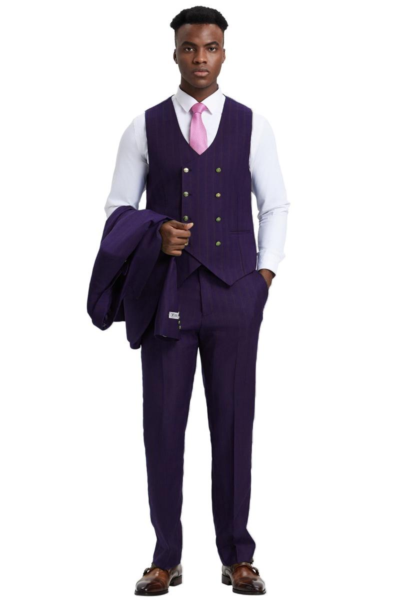 Stacy Adams Eggplant Pinstripe Vested Suit