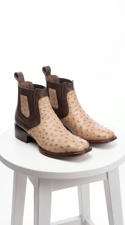 Men’s Los Altos Moka Ostrich Short Boots, Wide Square Toe Exotic Western Dress Boots