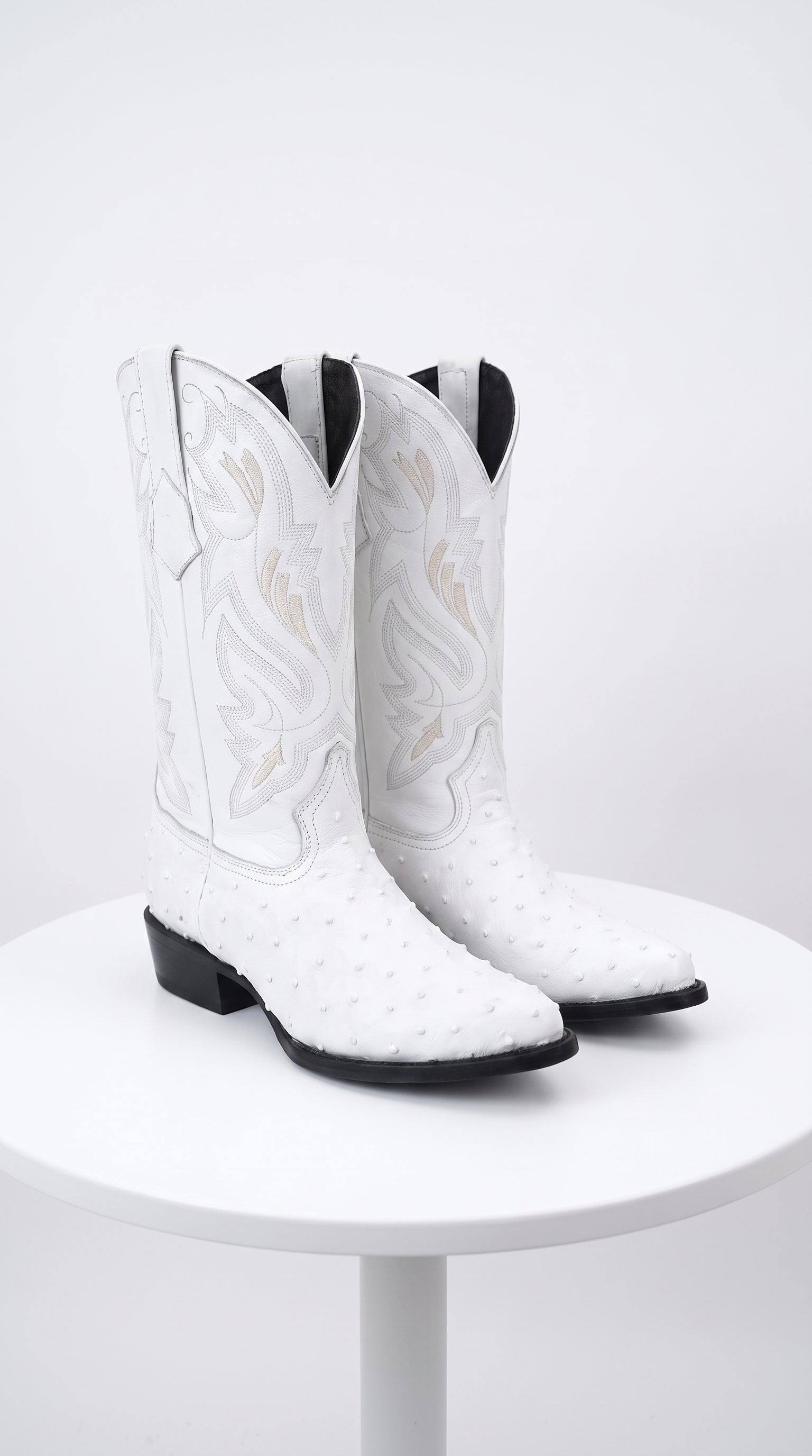 Men’s White Print Ostrich Western Boots, Exotic Cowboy Dress Boots for Wedding and Country Wear