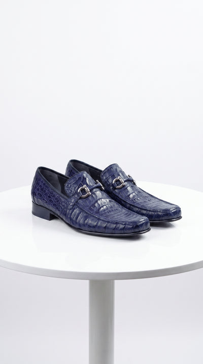 Men’s Navy Genuine Caiman Belly Loafers, Crocodile Texture Exotic Formal Dress Shoes