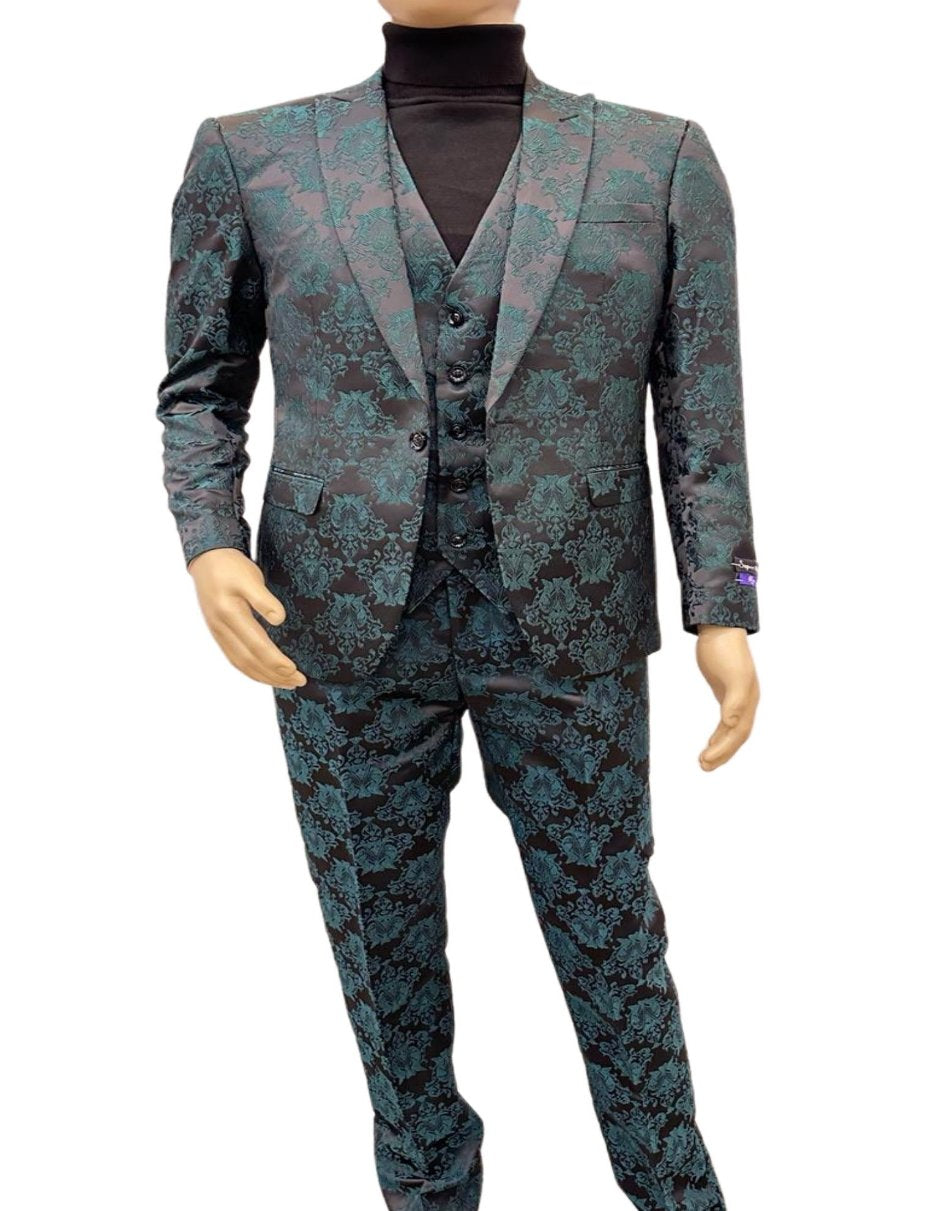 Paisley Black & Emerald Green Slim Prom Suit