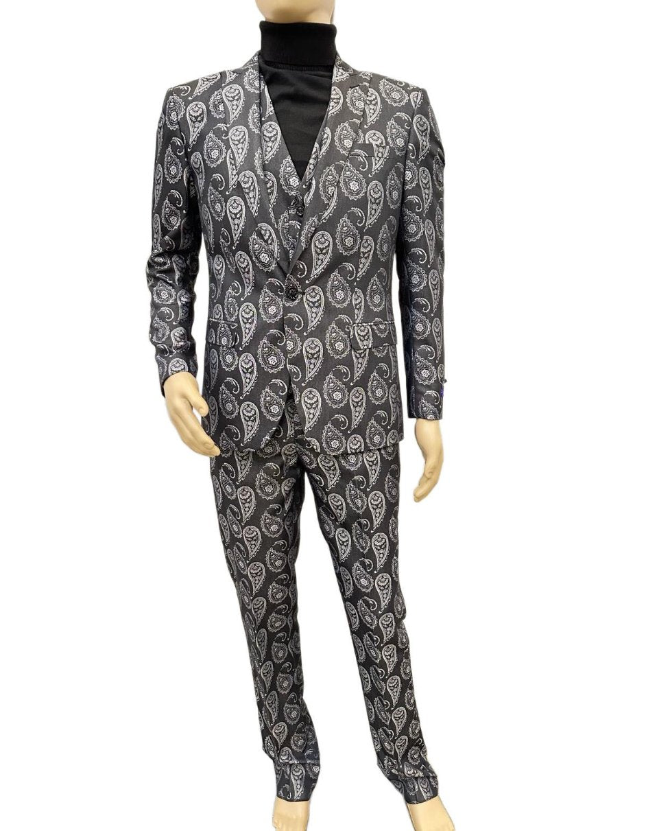 Paisley Slim Fit Charcoal Prom Suit