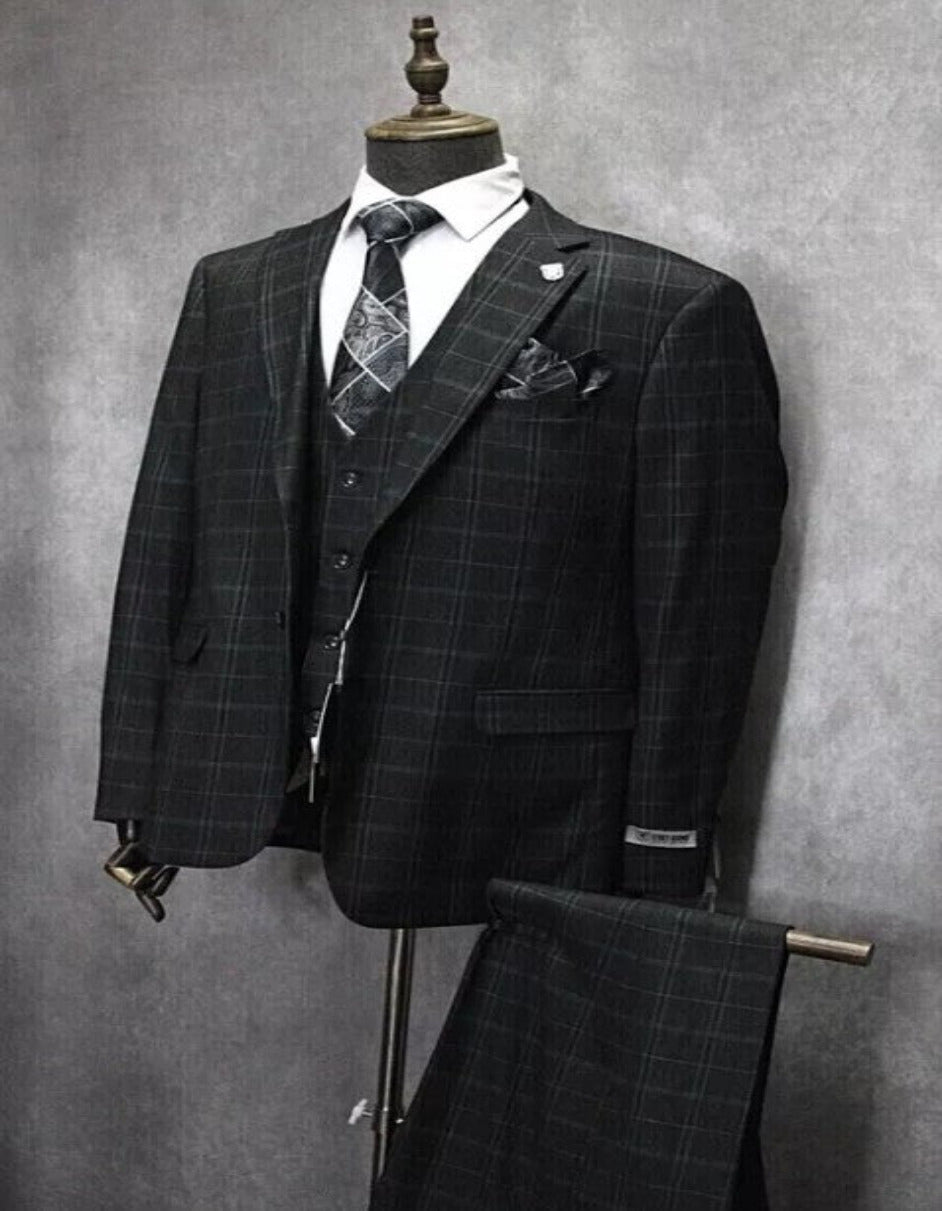 Three Button Plaid Notch Lapel Suit for Men